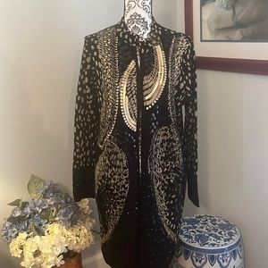 Chico’s Beaded Status Cardigan Black patterned with Gold Black sequins Sz 2